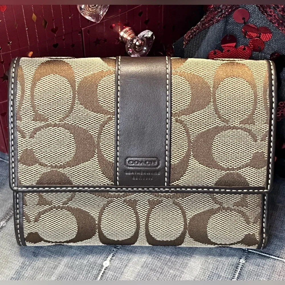 Coach 1941 Leatherwear Tan Canvas and Brown Leather Signature C Tri Fold Wallet